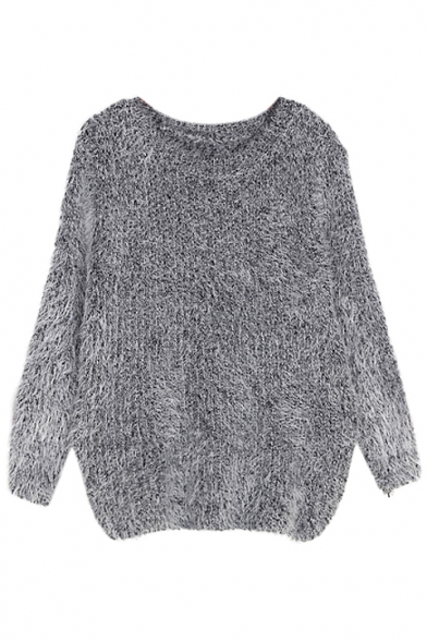 Plain Round Neck Long Sleeve Loose Mohair Sweater