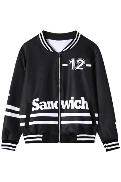 Contrast Color Trim and Girl Print Baseball Jacket with Stand Collar