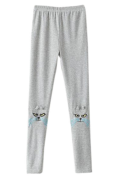 Cute Embroidery Kitty Pattern Stretch Leggings