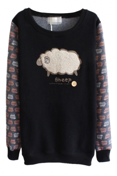 Embroidered Sheep Pattern Round Neck Sweatshirt