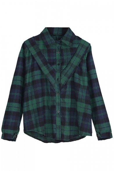 Green Plaid Print Buttons Curved Hem Long Sleeve Blouse