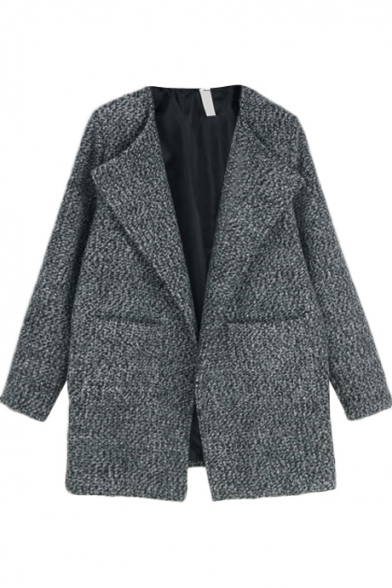Plain Lapel Open-front Longline Wool Coat with Double Pockets Front