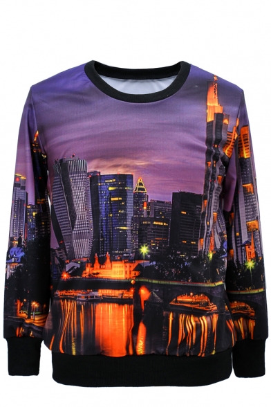 City Buildings Print Round Neck Long Sleeve Sweatshirt