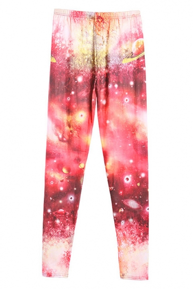 Fitted Starry Sky Print Elastic Waist Pants