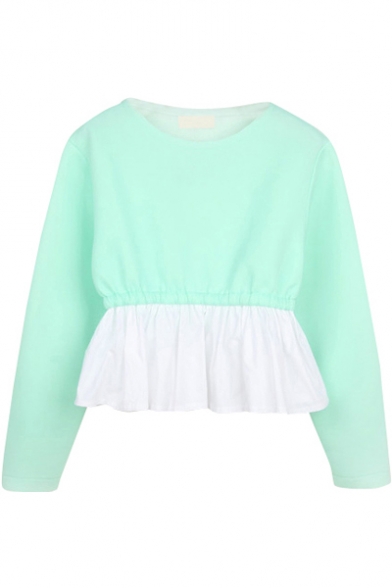 Color Block Round Neck Long Sleeve Top with Ruffle Hem