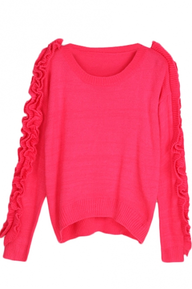 Plain Round Neck Long Sleeve Knitted Sweater in Dip Hem