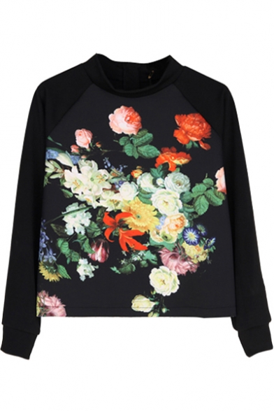 Floral Print Round Neck Long Sleeve Sweatshirt in Zipper Details ...