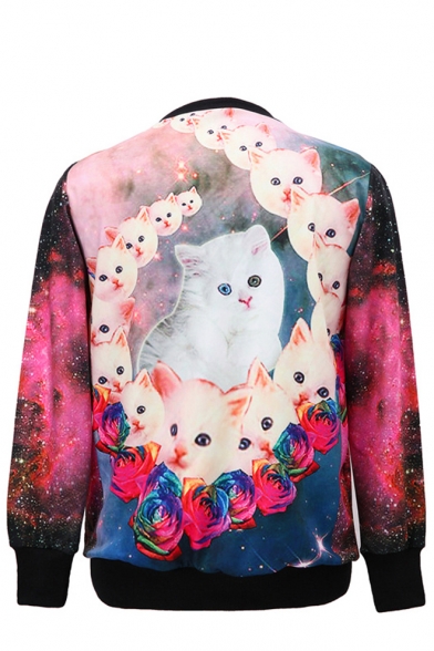 Little Cat Print Round Neck Long Sleeve Sweatshirt