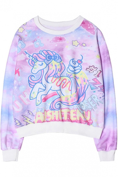 Unicorn Print Long Sleeve Round Neck Loose Sweatshirt