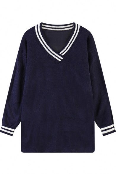 V-Neck Long Sleeve Side Split Sweater with Striped Trims