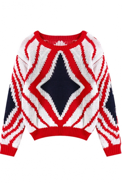 Geometrical Pattern Round Neck Long Sleeve Sweater