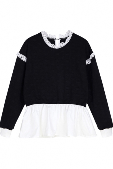 Stand Collar Long Sleeve Top with Lace Trims and Pleated Hem