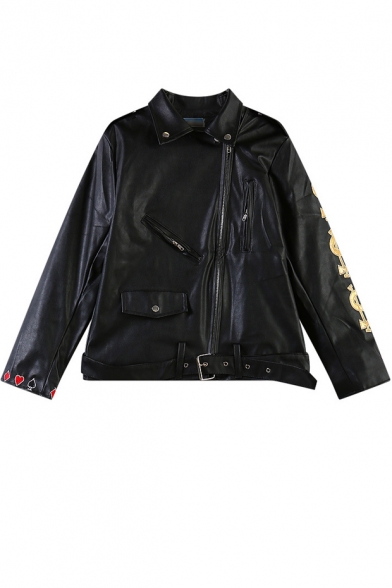 Black Lucky and Poker Embroidered Biker Jacket with Zipper and Pocket Front