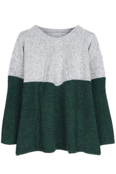 Color Block Round Neck Long Sleeve Knitted Sweater