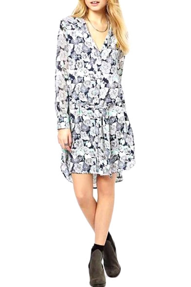 High-low V-neck Belted Shirtdress with Floral Pattern