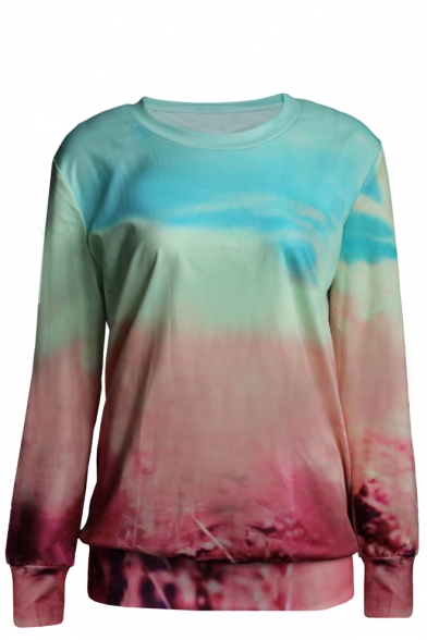 Ombre Color Block Round Neck Long Sleeve Sweatshirt