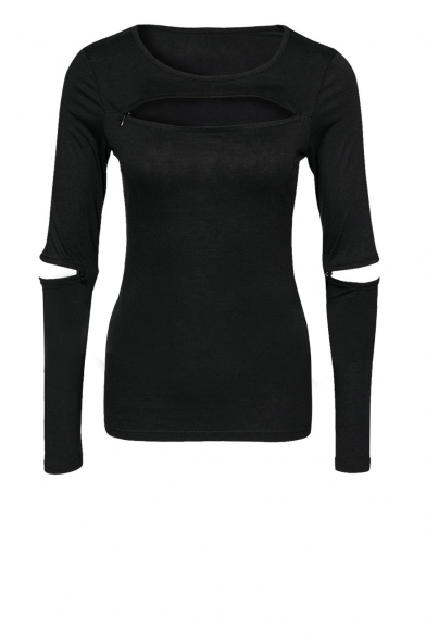 Plain Round Neck Long Sleeve Top with Elbow Cutout - Beautifulhalo.com