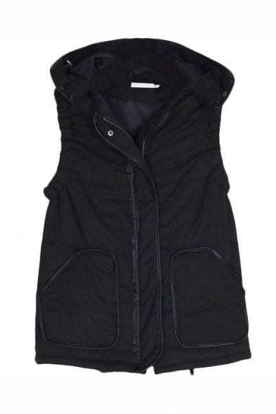Black Hooded Sleeveless Pockets Zipper Vest