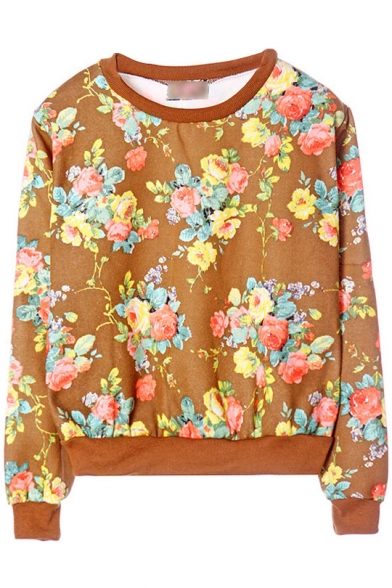 Floral Print Round Neck Long Sleeve Loose Sweatshirt
