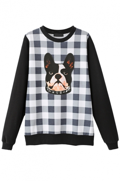 Plaid Dog Print Round Neck Long Sleeve Sweatshirt