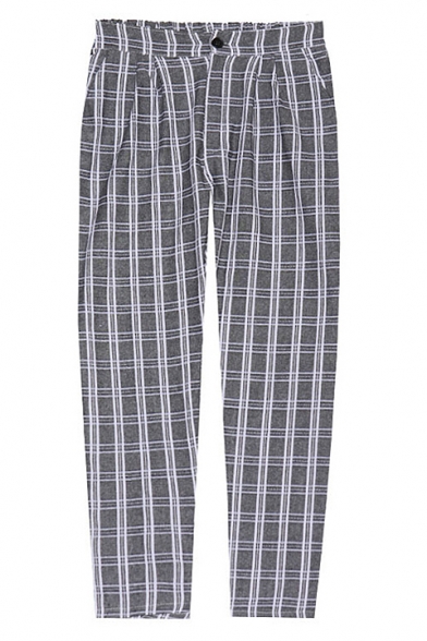 Plaid Print Zipper Fly Relaxed Straight Pants