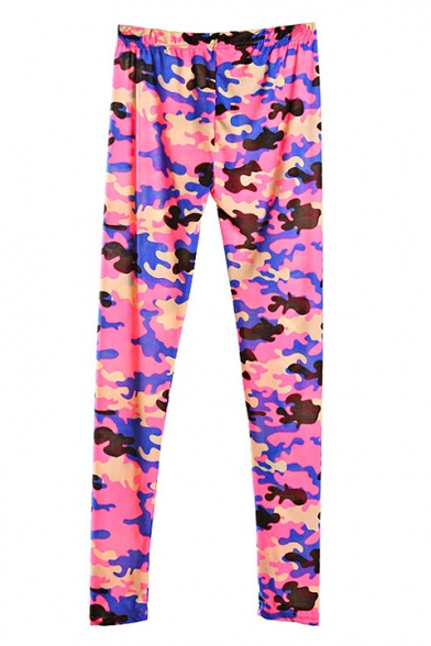 Camouflage Print Elastic Waist Fitted Cotton Pants
