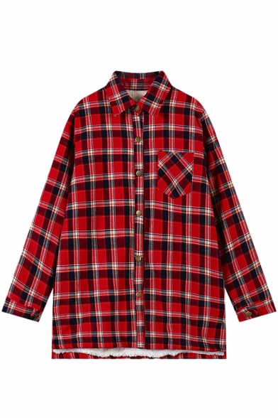 Plaid Point Collar Long Sleeve Shirt with Side Split