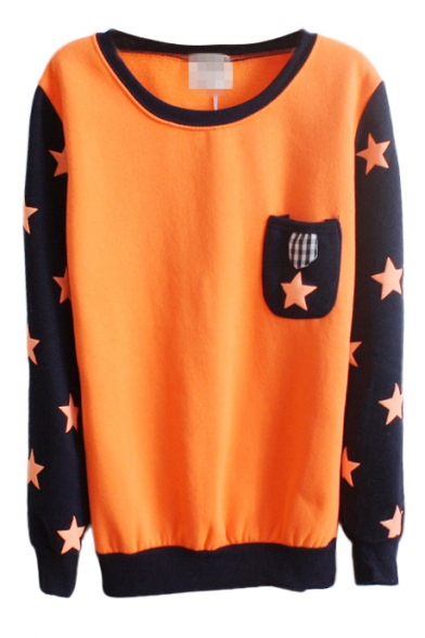 Star Pattern Round Neck Long Sleeve Sweatshirt with Pocket  Front