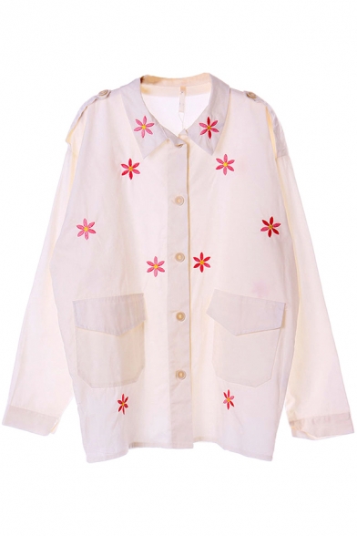 White Embroidered Flower Lapel Boyfriend Coat with Double Pockets Front