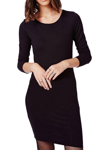 Fitted Skinny Skull Cut Out Back Pencil Dress with Round Neck
