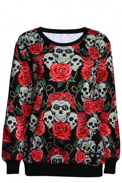 Rose and Skull Print Round Neck Long Sleeve Sweatshirt