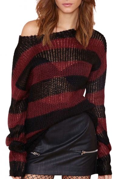 Sexy Open-Knit Stripe Fitted Sweater with Long Sleeve
