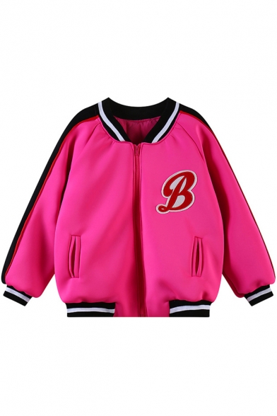 Contrast Stripe and Alphabet Print Baseball Jacket with Zipper Fly