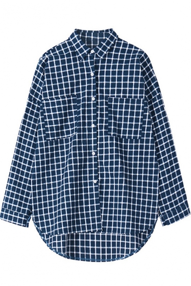 Plaid Point Collar Long Sleeve Shirt with Dip Hem