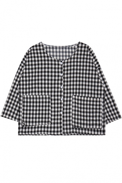 Plaid Round Neck Long Sleeve Top with Pocket Front