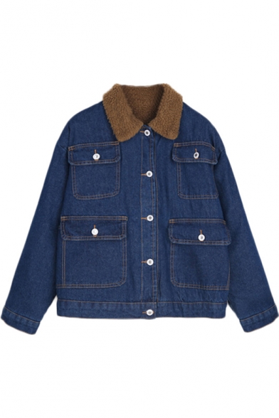Plain Single-breasted Lapel Thicken Denim Jacket with Pockets Front ...
