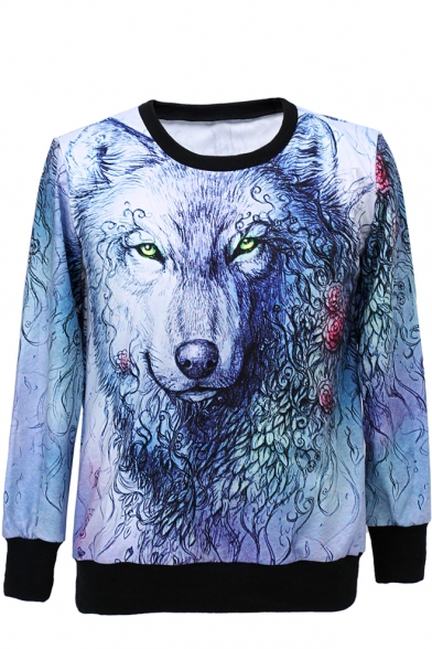 Wolf Head Print Round Neck Long Sleeve Sweatshirt