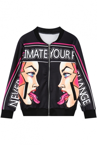 Woman and Letter Print Baseball Jacket with Zipper Fly