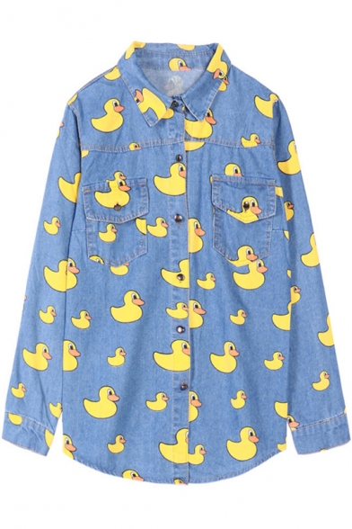 Cartoon Duck Print Point Collar Long Sleeve Denim Shirt