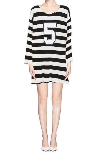 Cozy Stripe Number 5 Print Dress with Wide Sleeve