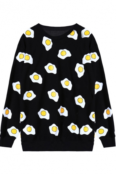 Egg Pattern Print Round Neck Long Sleeve Loose Sweatshirt
