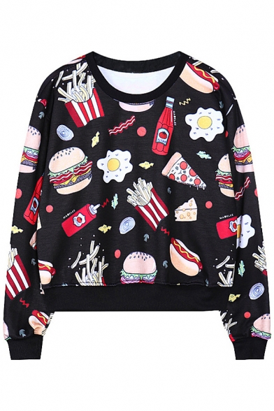Hamburger Print Long Sleeve Round Neck Loose Sweatshirt - Beautifulhalo.com