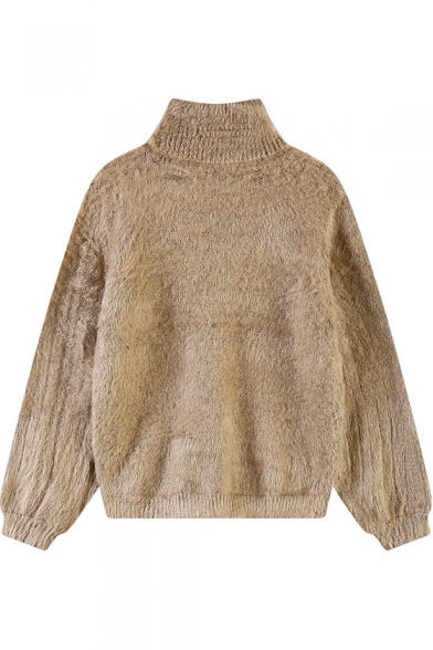 Plain High Neck Long Sleeve Fluffy Sweater