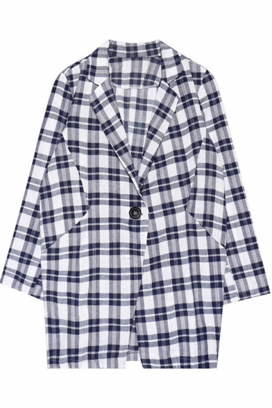 Classic Plaid Pattern Boyfriend Coat with 3/4 Sleeve