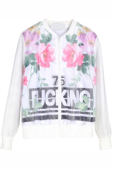 Flower&Letter&Number Print Zipper Fly Coat with Organza Cover