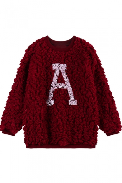 Letter A Pattern Round Neck Fluffy Long Sleeve Sweater