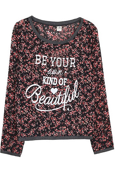 Letter and Floral Print Round Neck Long Sleeve Tee