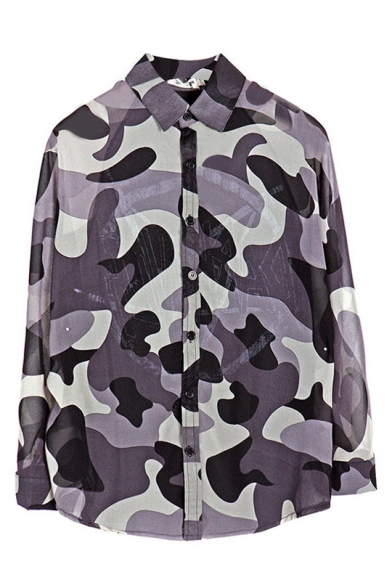 Letter Camouflage Print Long Sleeve Chiffon Top with Dip Hem