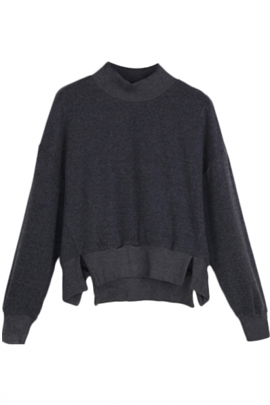 Plain Long Sleeve Cropped Sweatshirt with Cut-out Hem