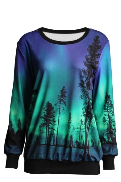 Woods Print Round Neck Long Sleeve Sweatshirt